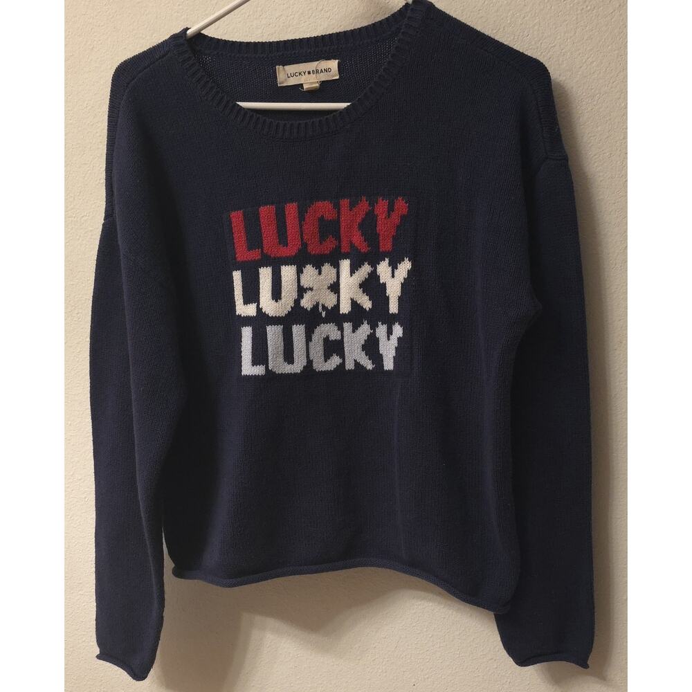Lucky Brand Women's Crewneck Sweater Size Medium Blue Spellout Pullover